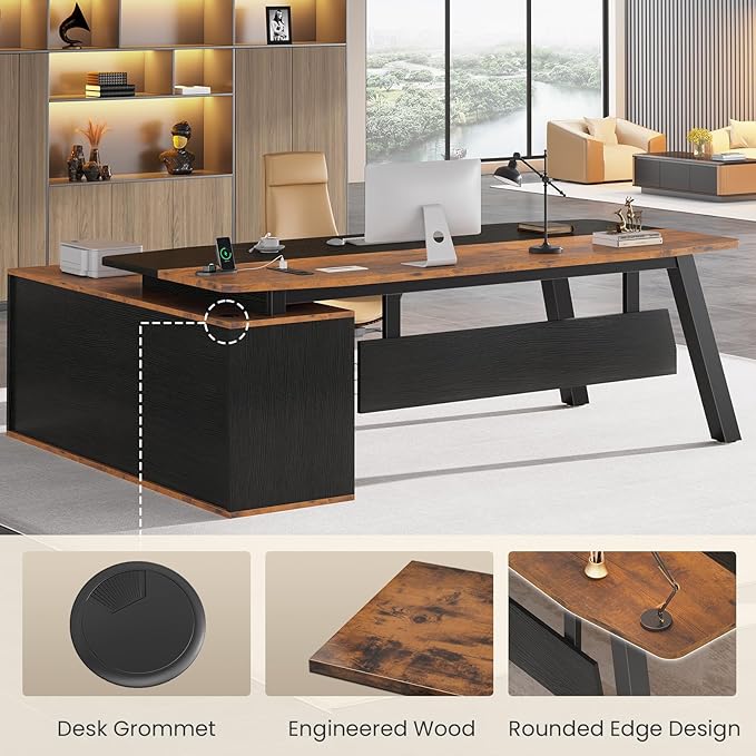 SEDETA 71" Executive Desk with File Cabinet, Large Office Desk with Drawers and Shelves, L Shaped Computer Desk with Power Outlets, Business Furniture Desk Workstation for Home Office, Brown