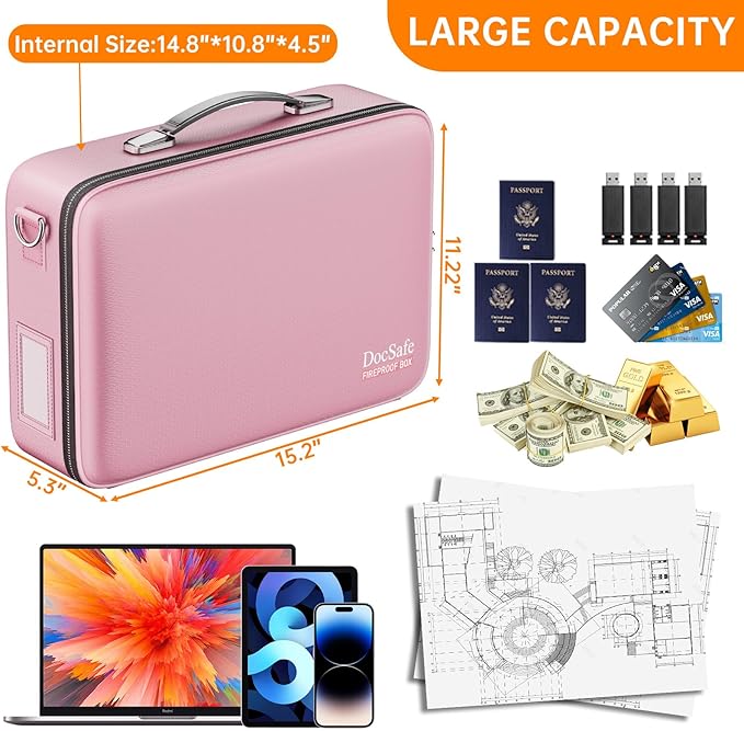 DocSafe Fireproof Document Box with Lock&Shoulder Strap,Hard Case File Organizer with Accordion File Folder,Multi-Layer Portable Home Office Travel Safe Storage for Important Documents Laptop Pink