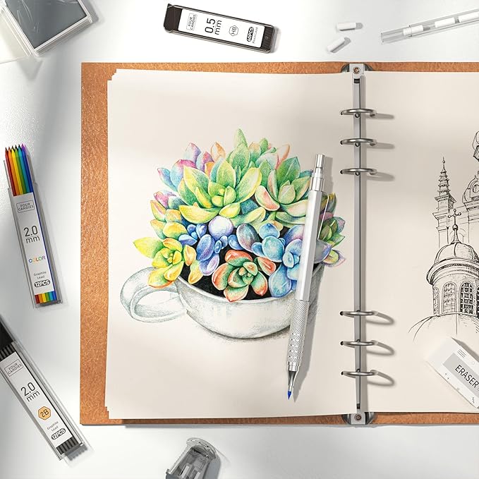 Four Candies Metal Mechanical Pencil Set, 3PCS Art Drafting Pencils 0.5, 0.7, 0.9MM & 2PCS 2MM Mechanical Drawing Pencils with 420PCS Leads (4B 2B HB 2H Color) for Writing Sketching Drawing (Silver)