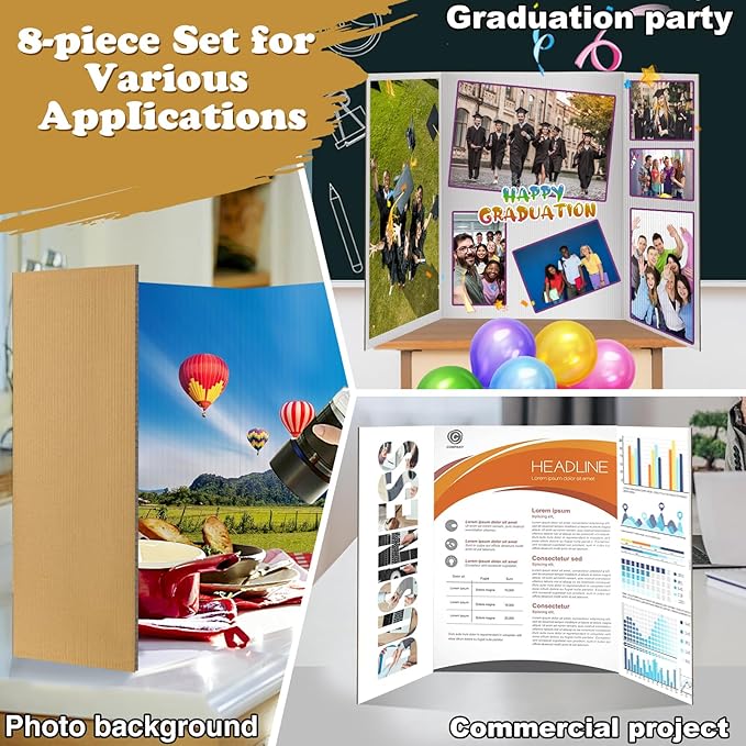 3단 포스터 보드 8개 - 40.6cm x 58.4cm(16인치 x 23인치) 소형 3단 접이식 디스플레이 보드 하드 & 두꺼운 화이트 프레젠테이션 판지 과학 박람회, 학교 프로젝트, 비즈니스 용품용