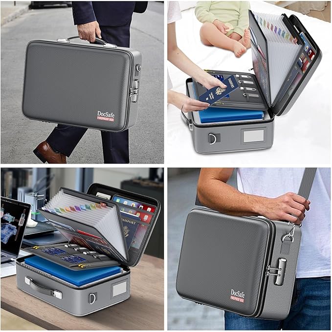 DocSafe Fireproof Document Box with Lock&Shoulder Strap,Hard Case File Organizer with Accordion File Folder,Multi-Layer Portable Home Office Travel Safe Storage for Important Documents Laptop Gray