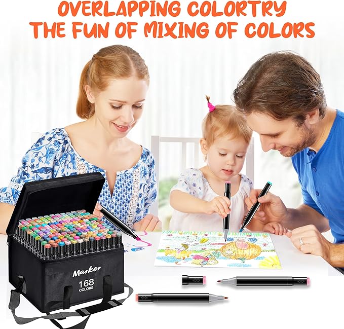 Alcohol Based Ink Art Markers, 168 Colors Broad&Fine Dual Tip Permanent Markers Pen Set for Professional Student Child Coloring Illustrations Sketch Drawing Painting Card Making (Black)