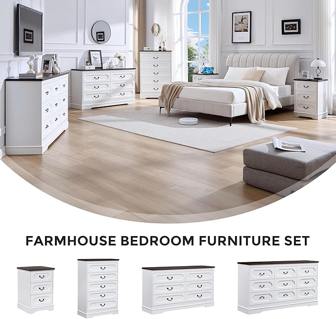 LIDYUK 6 Drawer Dresser for Bedroom Farmhouse WhiteTall Wood Chest of Drawers for Bedroom Dresser, Modern Rustic 55" Wide Drawers Dressers Wooden Closet and Storage Cabinet, Hallway, Living Room