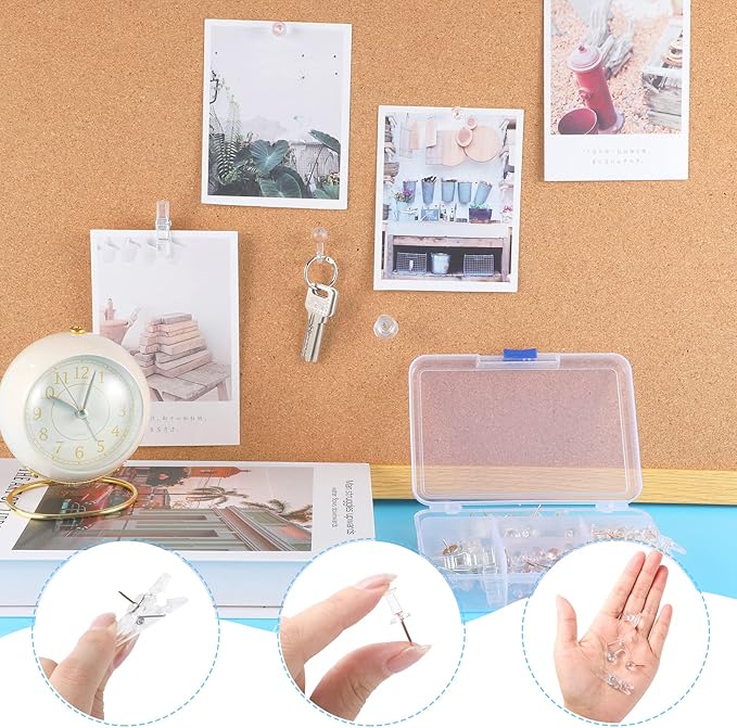 200 Pieces Push Pins Set, 5 Types Clear Thumb Tacks Push Pins for Wall Cork Board Bulletin Boards with Storage Box