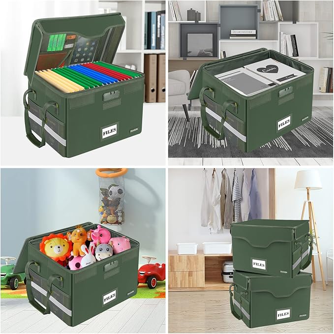 DocSafe File Box Fireproof Document Box with Lock,File Storage Organizer Box with Mesh Inserts&Zipper Lid,Collapsible Portable File Box Home Office File Cabinet with Handle for Hanging Folders,Green