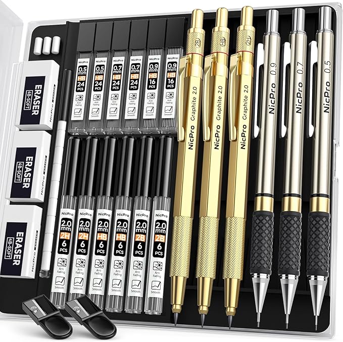 Nicpro Gold Art Mechanical Pencil Set, Metal Drafting Pencil 0.5, 0.7, 0.9mm & 2mm Lead Holder(2B HB 2H) For Sketching Drawing With Lead Refills Case