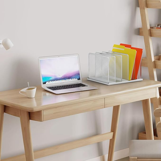 Kuntine.B Desk File Organizer Upright Mesh Desktop Organizer File Sorter Office Organization File Holder for Home, Office & Classroom (Silver, 1 Pack 5-Section)