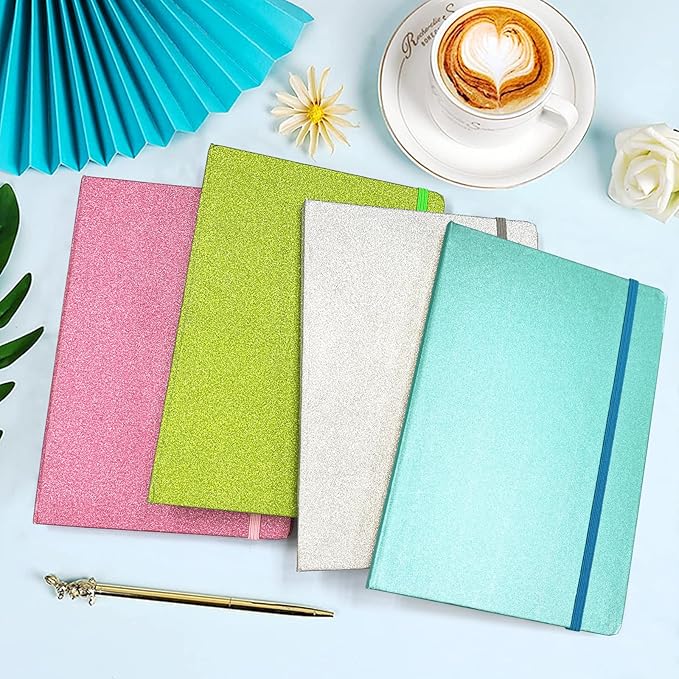 Blue Glitter Notebook, 8.3x5.7” 160 Lined Pages Glitter Never Peel Off Sparkle Journal for Girls College Ruled A5 Hardcover Notebooks for Teens Women Writing Note Taking Office Work School Gifts