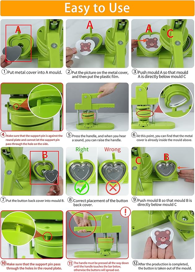 Heart Button Maker Machine Replaceable Badge-Model, DIY Button Pin Maker Kit, Badge Press Machine with 100PCS Heart Badge Making Supplies & Circle Cutter