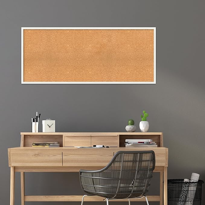 Amanti Art Natural Cork Board for Wall, 23x55 Vision Board with White Frame, Oversize Corkboard Office Decor for Home Organization, Modern Corkboard Pinboard to Display Items for Home Organization in