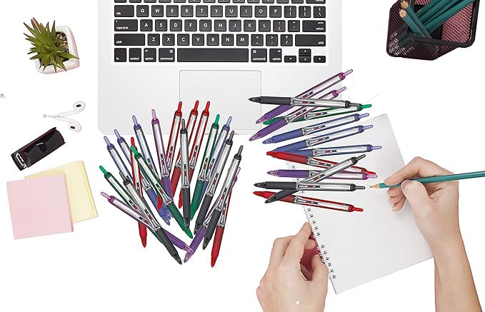 Precise V5 RT Retractable Rolling Ball Pens, Extra Fine Point (.5mm), Assorted Colors Black/Blue/Red/Green Ink, 4-pk; Premium Comfort Grip, Bundle with Plastic Reusable Pouch