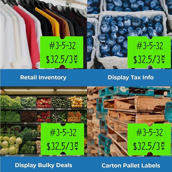 Perco 2 Line Fluorescent Green Labels - 80 Rolls, 10 Sleeves, 80,000 Blank Price and Date Gun Labels for Perco 2 Line Price and Date Guns - Made in USA