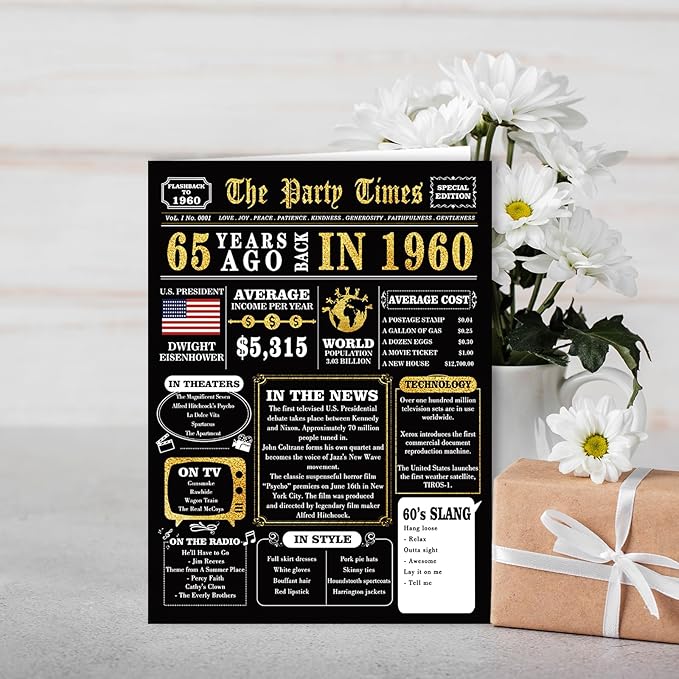 Big 65th Birthday Card for Women Men, Jumbo 65th Birthday Gift for Mom Dad, Unique 65 Year Old Bday Gifts Cards for Grandma Grandpa, Vintage Black Gold 65 Birthday Party Decoration