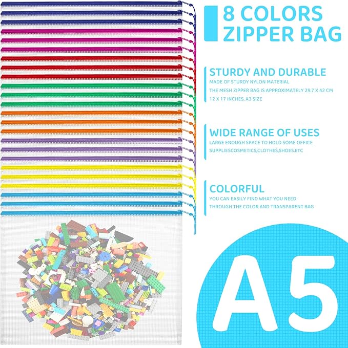 24pcs Mesh Zipper Pouch Bags, A5 9.4 x 6.9 Inches Reusable Zipper Bags Puzzle Storage Organizer 8 Colors Multipurpose for Travel Board Games Office Supplies and Home Organization