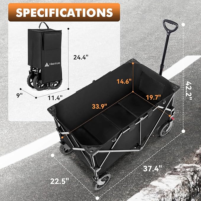 Hikenture Collapsible Wagon 330LBS Capacity, 200L Extra Large Wagons Carts Foldable, Heavy Duty Folding Wagon with All-Terrain Wheels, Utility Beach Wagon for Outdoor Garden