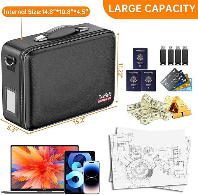DocSafe Fireproof Document Box with Lock&Shoulder Strap, Hard-Shell Case File Organizer with Accordion File Folder, Multi-Layer Portable Home Office Travel Safe Storage for Important Documents Laptop
