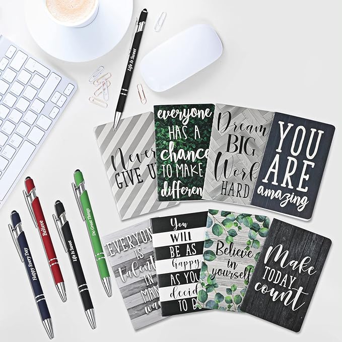Funrous 32 Pcs Motivational Quote Pens Inspirational Notepads Mini Journal with Ballpoint Pen Small Notebooks Gift Set for Men Women Coworkers, Adult Party Favors Prizes Gift Bulk(Classic)