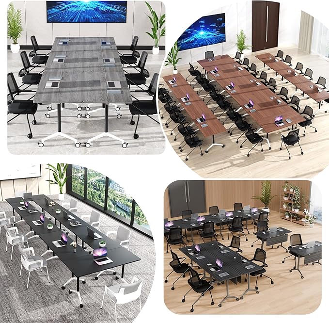 Conference Room Table, Folding Conference Tables,Thicken Grey Tabletop,Flip Top Wooden Seminar Meeting Room Table for Conference Room Offices (6, Black+White, 55.1”)