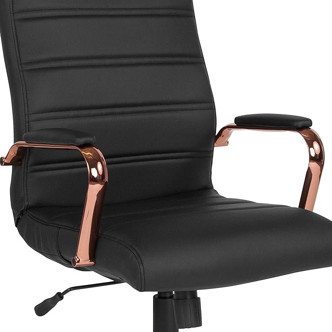 Flash Furniture Whitney High-Back Swivel LeatherSoft Desk Chair with Padded Seat and Armrests, Adjustable Height Padded Office Chair, Black/Rose Gold