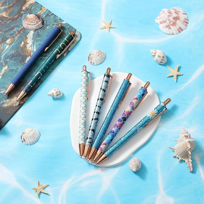 Mr. Pen- Fancy Pens for Women, Azure Elegance, 7 Black Ink Ballpoint Pens with 10 Refills, 1.0mm, Cute Pens for Journaling, Easter Gift