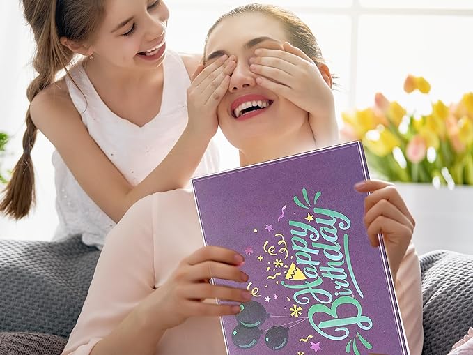 3D Pop-Up Happy Birthday Cards for Women – LED Fireworks & Music with Blow The Candle, Gold Crown, 3D Balloons, Purple & Pink Design - Happy Birthday Card for Mom, Wife or Daugther (8.27" x 5.27")