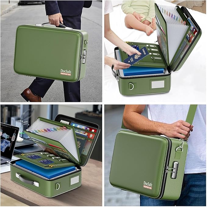 DocSafe Fireproof Document Box with Lock&Shoulder Strap,Hard Case File Organizer with Accordion File Folder,Multi-Layer Portable Home Office Travel Safe Storage for Important Documents Laptop Green