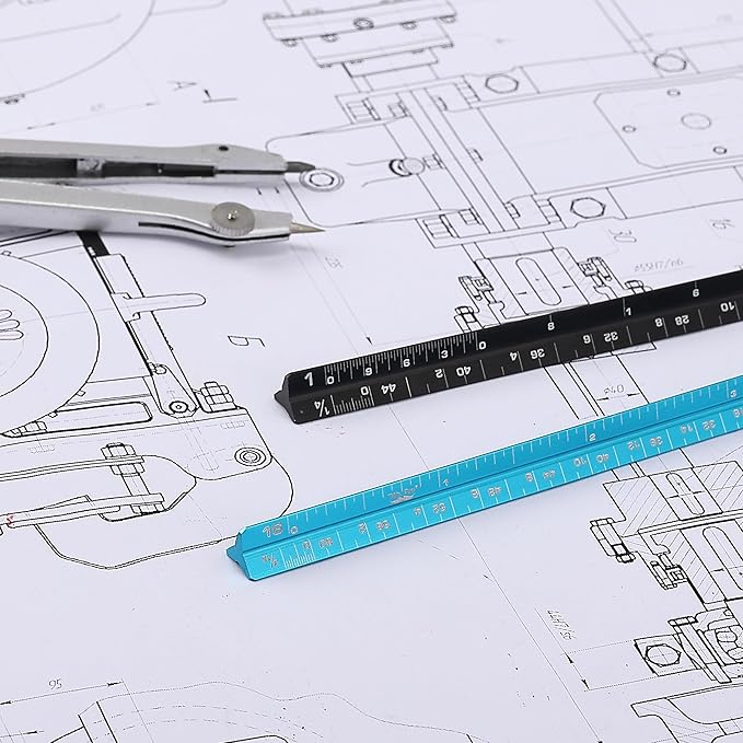 Mr. Pen- Small Architectural Scale Ruler, Aluminium, 6 Inch, 2 Pack, Black and Blue, Pocket Size Ruler, Triangle Ruler, Metal Ruler Set, Architect Scale Ruler for Blueprints