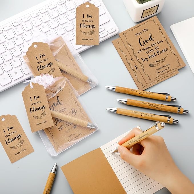 200 Pcs Bible Verse Sets Church Christian Gift Include 50 Scripture Notebooks 50 Bible Bamboo Pens 50 Thanks Tags 50 Organza Bags for Women Man Christian Party Gifts(Brown,Bible)