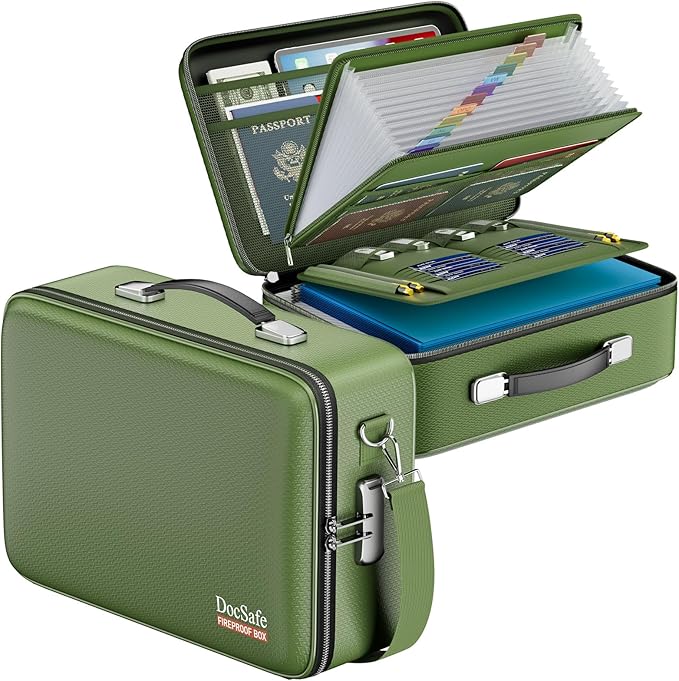 DocSafe Fireproof Document Box with Lock&Shoulder Strap,Hard Case File Organizer with Accordion File Folder,Multi-Layer Portable Home Office Travel Safe Storage for Important Documents Laptop Green