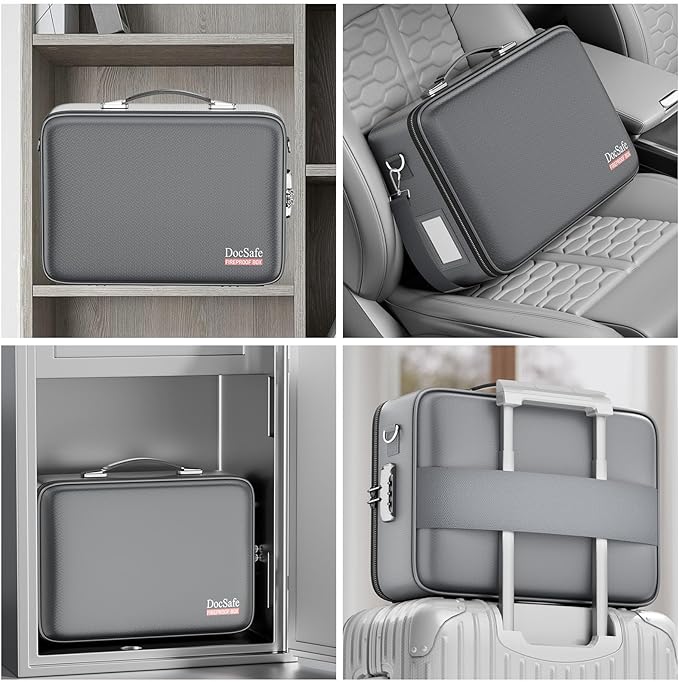 DocSafe Fireproof Document Box with Lock&Shoulder Strap,Hard Case File Organizer with Accordion File Folder,Multi-Layer Portable Home Office Travel Safe Storage for Important Documents Laptop Gray