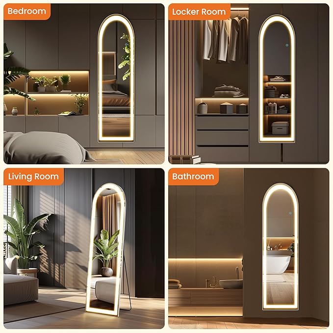 Arched Full Length Mirror with LED Lights, 60"x16" Floor Length Mirror with Stand, Body Floor Mirrors with Dimming & 3 Color Lighting, LED Mirrors for Bedroom, Dressing Room, Cloakroom