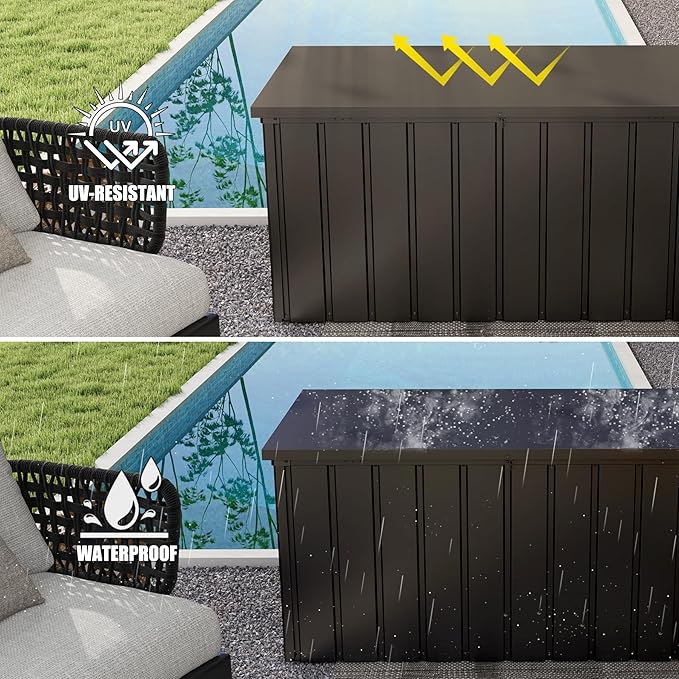 Domi Deck Box 150 Gallon, Waterproof Lockable Steel Outdoor Storage Container for Outside Cushions, Garden Tools and Pools Equipment, Brown