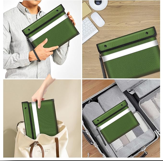 Upgraded Fireproof Document Bag 5200°F Heat Insulated,11"x7.7"Waterproof Fireproof Money Bag with Water-resistant Zipper,Fireproof Envelopes for Documents,Cash,Valuables(Green)