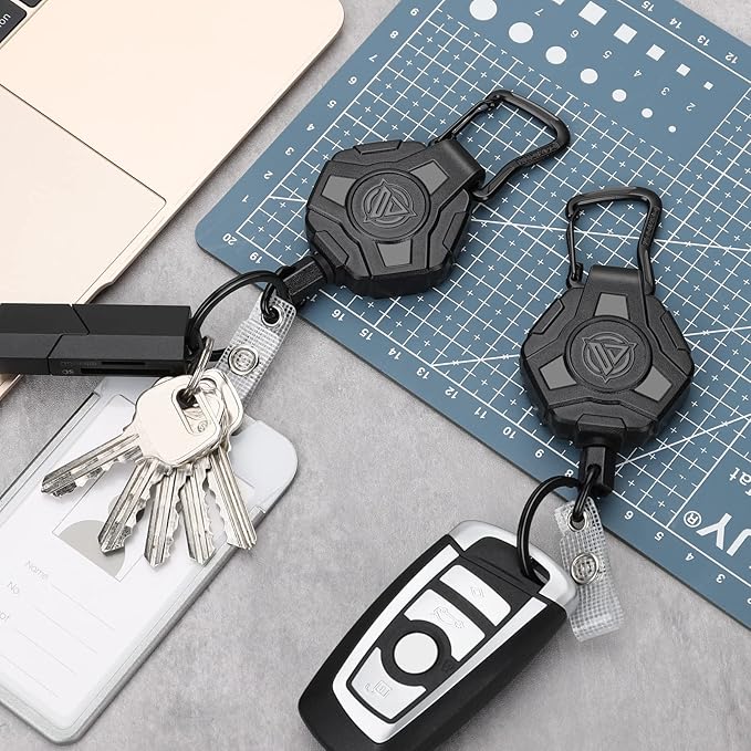 2 Pack Retractable Keychain, Heavy Duty Carabiner Badge Holder, Tactical ID Badge Reel with 31.5'' Coated Steel Cord, Bearing 8.0 oz- Black