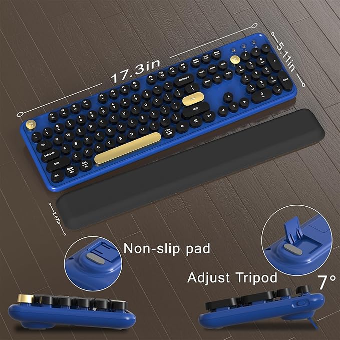 Colorful Wireless Computer Keyboard and Mouse Combo with Round Typewriter Keycaps, Retro Design, Power Switch, Ergonomic Design, 2.4GHz Wireless for Windows, Mac, PC(Black-Blue)