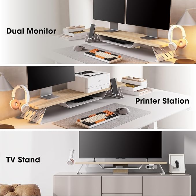Fenge Dual Monitor Stand, 42.5 Inch Monitor Riser for Desk, Wood Desk Shelf for 2 Monitors, 2 Tier Monitor Shelf with Headphone Stand & Phone Holder