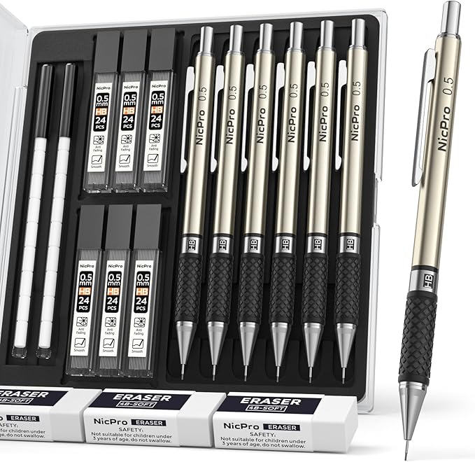 Nicpro 0.5 mm Art Mechanical Pencils Set in Gift Case, 6 PCS Metal Drafting Pencil 0.5mm with 6 Tube HB Lead Refills & 18 PCS Eraser Refills for Adults, Children, Artist Writing, Drawing, Sketching