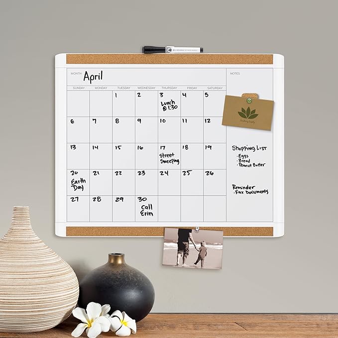 U Brands Magnetic Dry Erase Calendar Board, 20"x16", White Pin-It Frame, includes Marker and Magnet