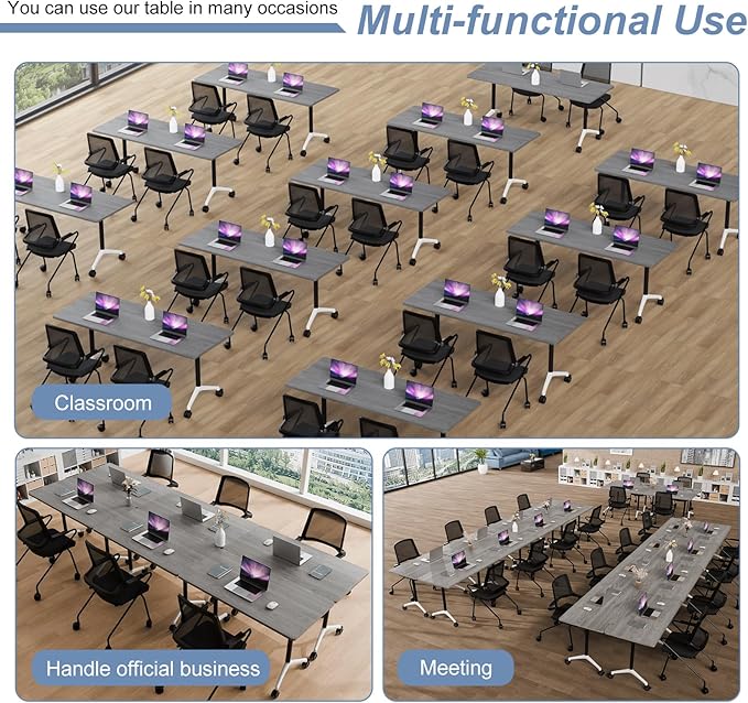 Folding Conference Table, Mobile Training Table for Office Conference, Modern Modular Rectangular Work Desk Meeting Seminar Work Tables with Caster Wheels, Large Breakroom Tables (10Pack L63in)