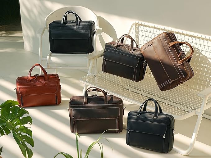Masa Kawa Leather Briefcase for Men 15.6" - 17" Laptop Computer Case Business Travel Work Messenger Cross Body Shoulder Bag