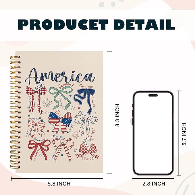 BearCake America Patriotic Christian Notebook Journal, Retro Coquette Red White Blue Bow Prayer Journal for Women, 4th of July Bow Religious Hardcover Spiral Notebook 5.5x8.3