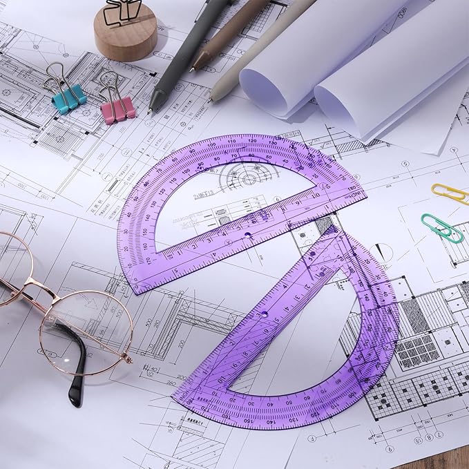 Zonon 2 Pcs 6 Inch Plastic Protractor Math Protractors 180 Degrees Angle Measurement, Translucent for Geometry Classroom Kid Student School Office Supplies(Purple)