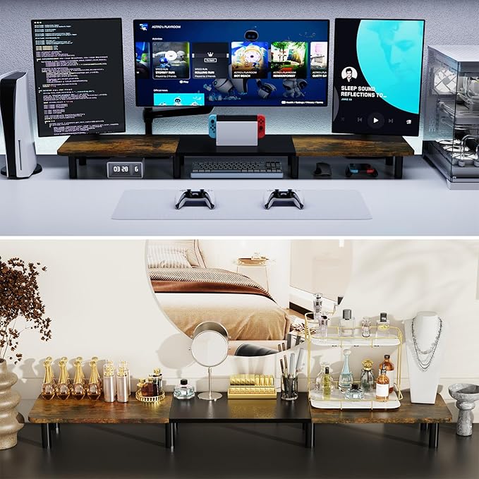 43.7" Extra Long Dual Monitor Stand Riser, Wood & Steel Monitor Stand for 2 Monitors, Wide TV Stand, Desktop Riser for Desk Organization, Home Office、Laptop,Printer,TV (Vintage black)