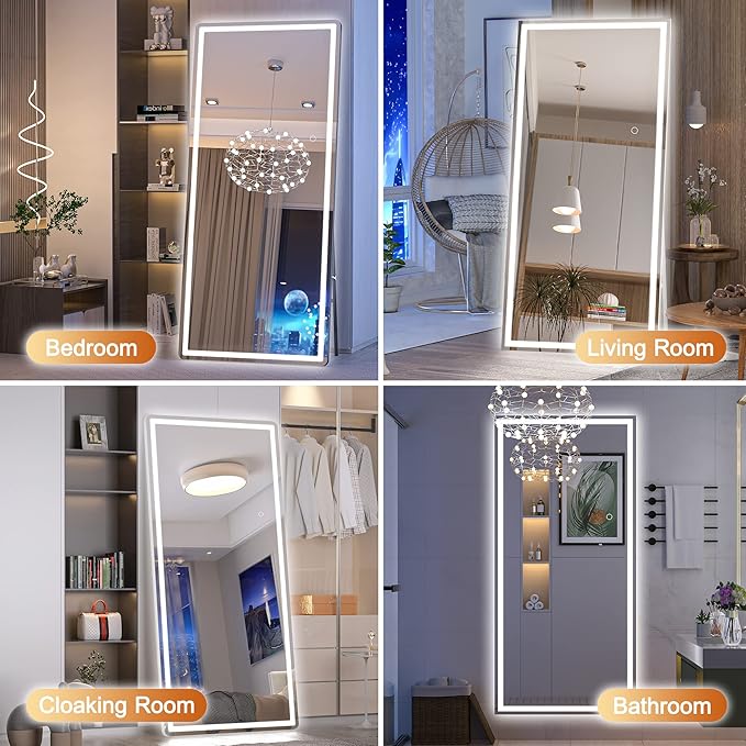 Hasipu Full Length Mirror with Lights, 75" x 28" LED Lighted Floor Standing, Full Body Dressing Hanging Mounted Mirror, Dimmable, Tempered Glass, Safe to Use, Square Black