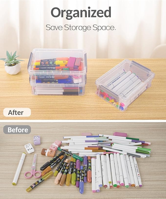Sooez 6 Pack Extra Large Pencil Box, Plastic Pencil Case Crayon Box Bulk, Clear Marker Organizer Plastic Containers with Lid, Stackable Storage Box for Craft, Pen, Art, School Supply, Black