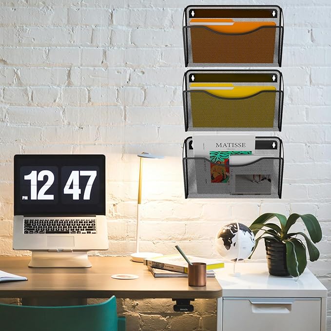 3 Pack Wall File Organizer, Mesh Hanging Metal Vertical Wall Mounted File Holder for Office/Home