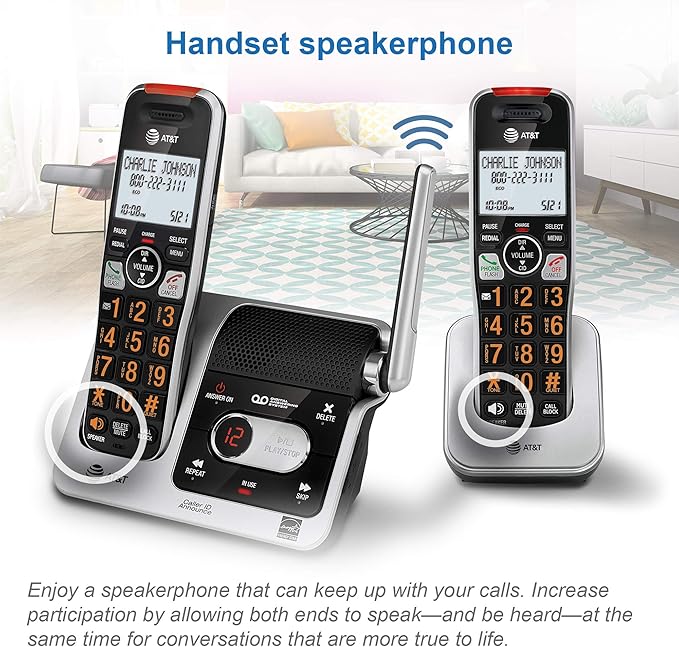 AT&T BL102-2 DECT 6.0 2-Handset Cordless Phone for Home with Answering Machine, Call Blocking, Caller ID Announcer, Audio Assist, Intercom, and Unsurpassed Range, Silver/Black