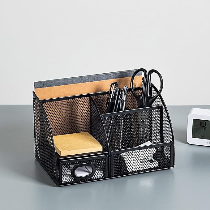Amazon Basics Pen Holder and Desk Organizer, Office Caddy Storage, Black, 9.1" x 5.9" x 5.5''
