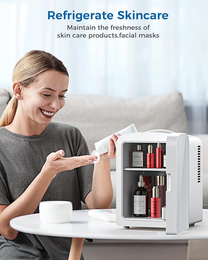 Mini Fridge, 4L/6 Cans Cooler & Warmer Portable Compact Refrigerator, Small Skincare Fridge for Makeup Food and Drinks, Small Cooler for Bedroom, Cosmetics, Car, Office, White