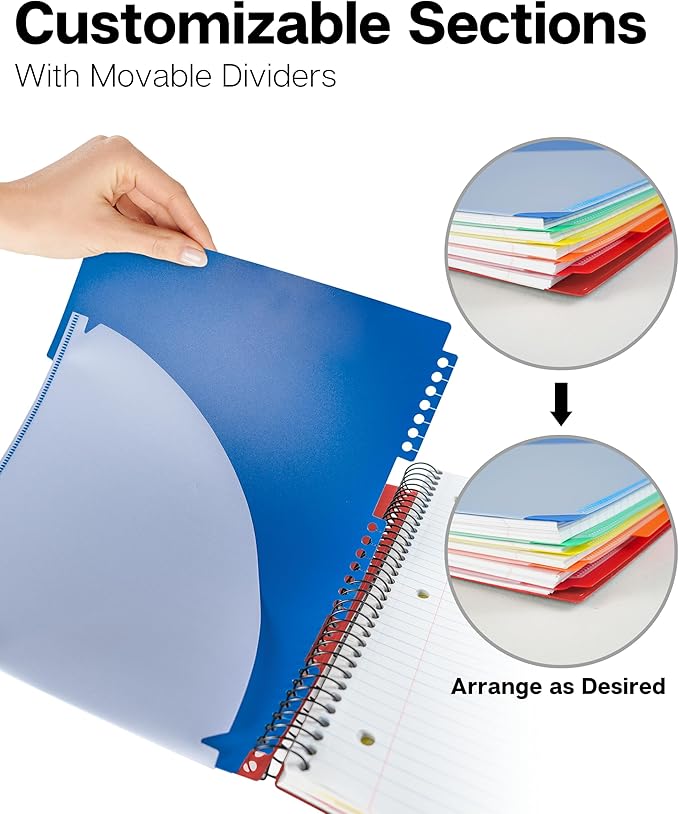 Dunwell 5-Subject Spiral Notebook, College Ruled (Red), Colorful Movable Pocket Dividers with Tabs, Front/Back Plastic Covers, 200 Sheets (400 Pages) of 3-Hole Punch Perforated 8.5x11 Paper